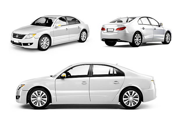 a modern silver sedan car, side-view, on a clean white background, photorealistic studio shot